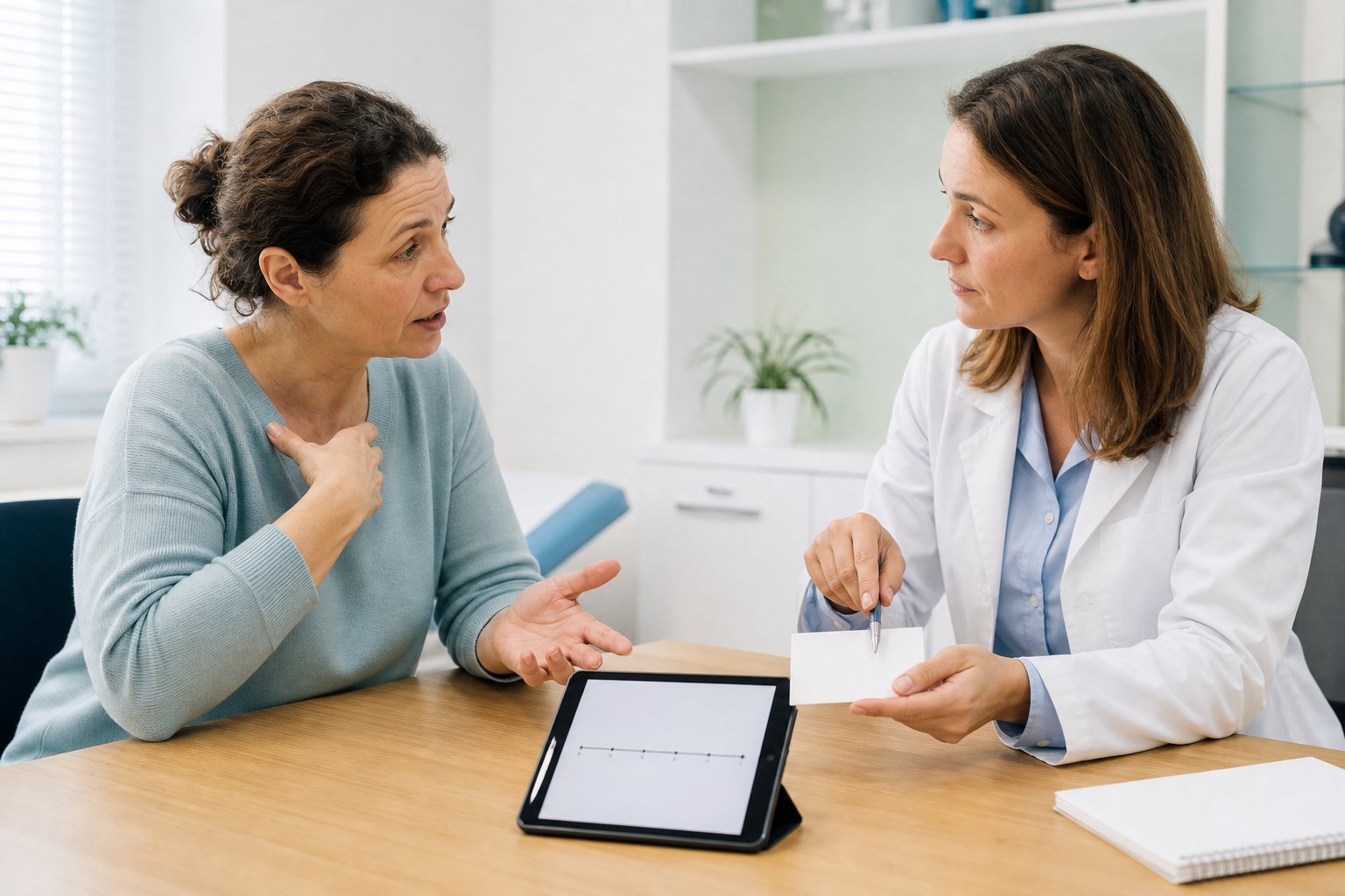 Professionnelle de santé reprenant avec une patiente l’histoire d’une possible allergie à la pénicilline