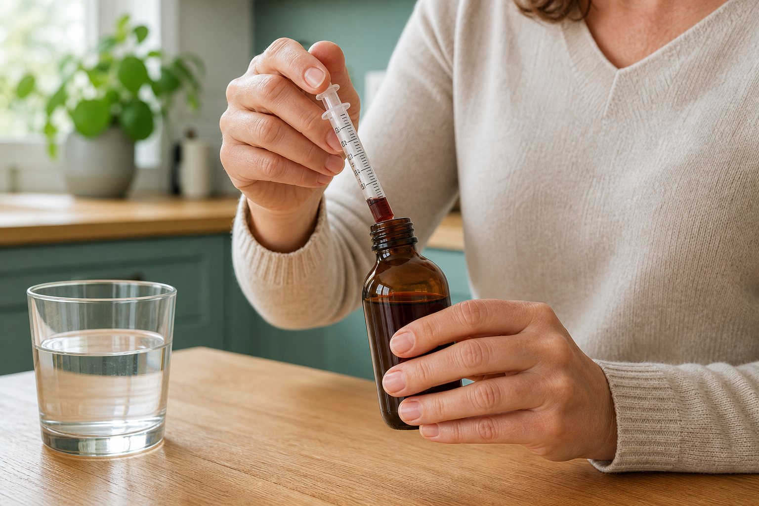 Mesure soigneuse d’un médicament liquide avec une seringue orale graduée