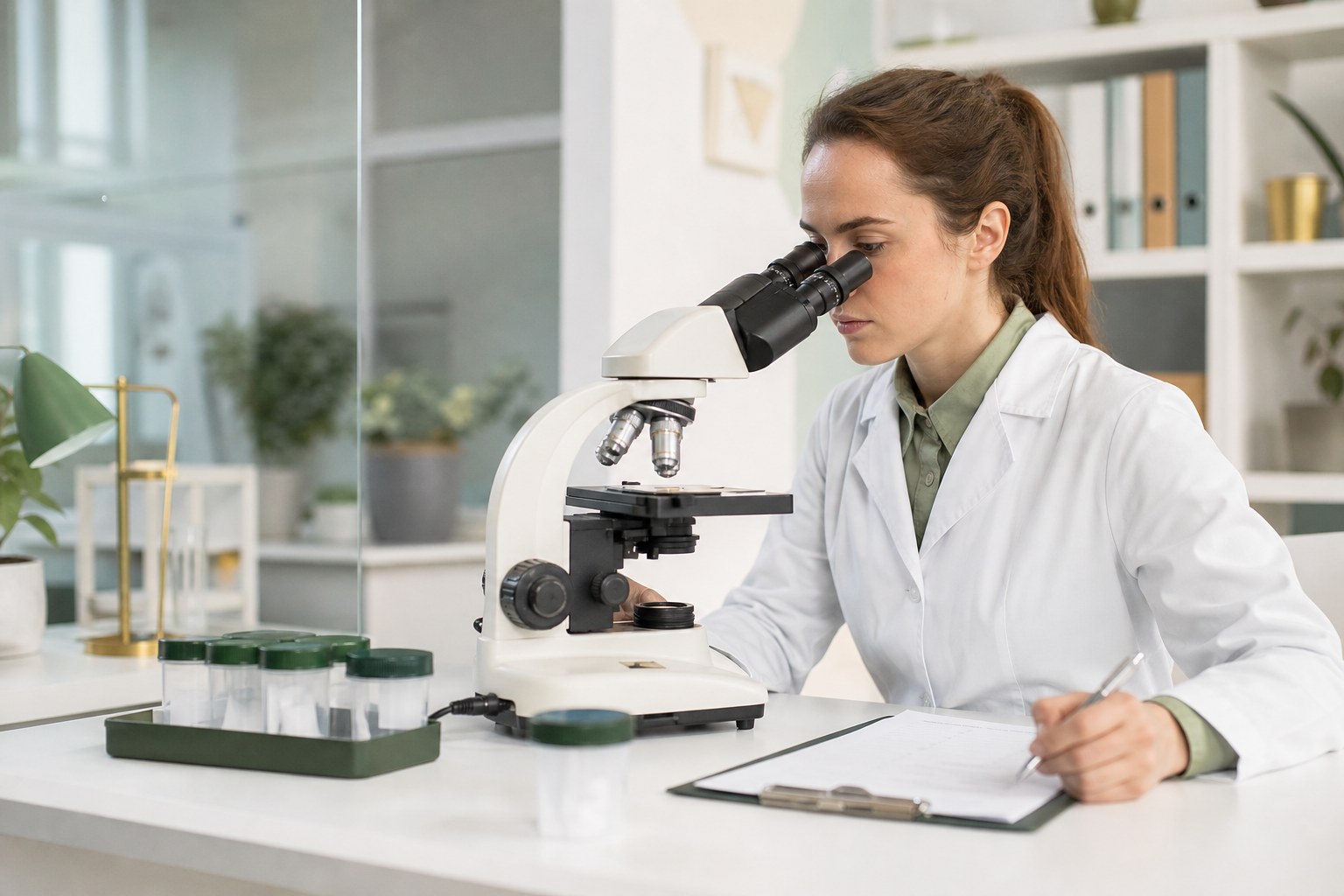 Professionnelle de laboratoire réalisant un examen de parasitologie